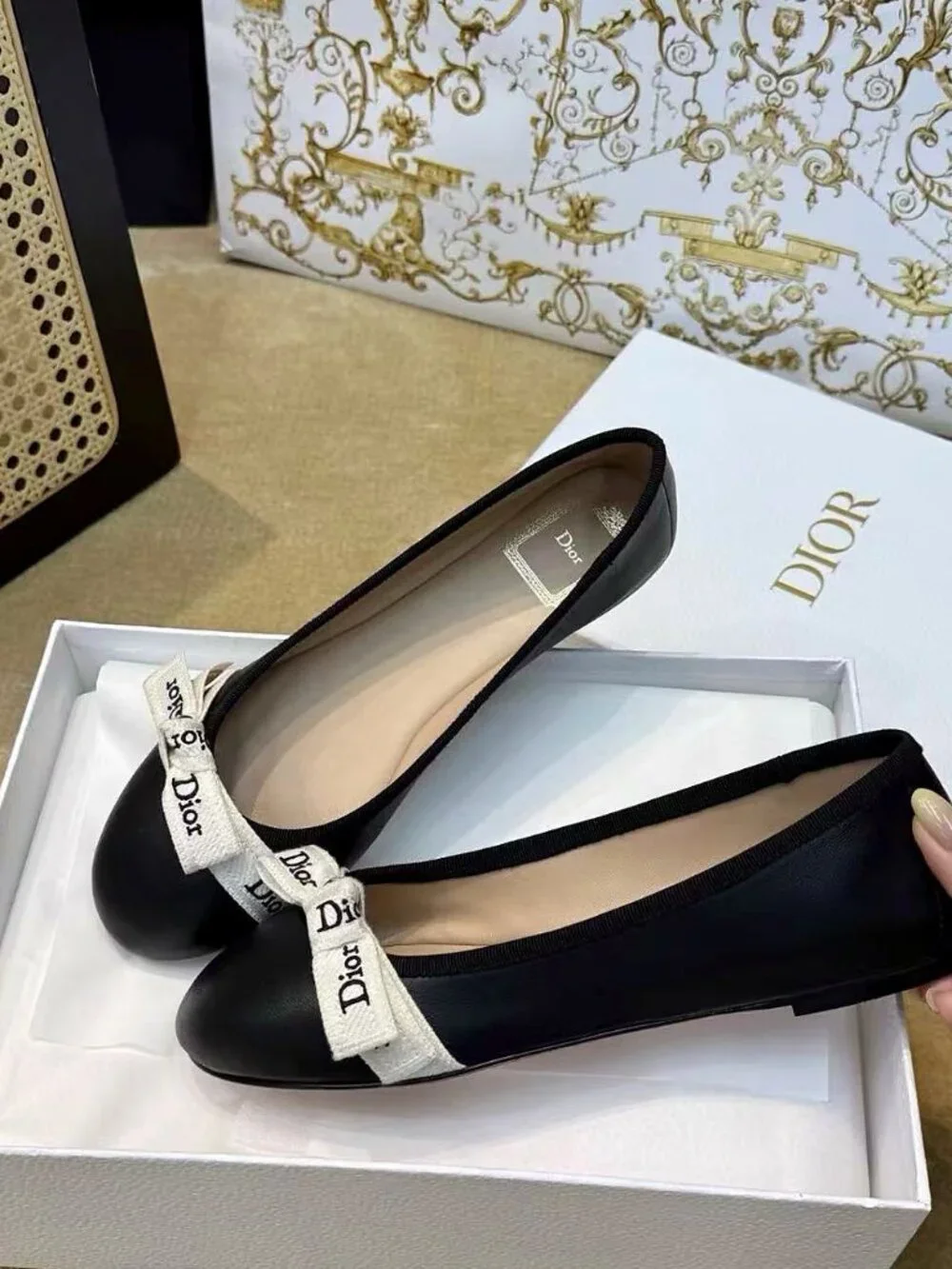 Dior Ribbon Logo Leather Ballet Flats